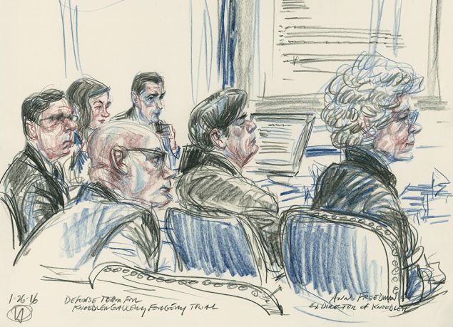 A drawing by Victor Juhasz of the defense team for the Knoedler Gallery forgery trial, with ex Knoedler president Ann Freedman. (Artwork via illustratedcourtroom.blogspot.com)