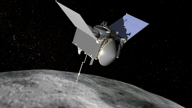 A rendering of the OSIRIS-REx spacecraft orbiting an asteroid.