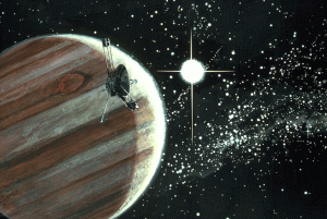 Artist's rendering of Pioneer 10 passing Jupiter.