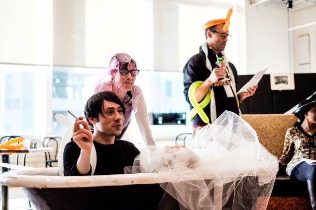 Left to right: Joseph Keckler, Rebecca Hart and Dito an Reigersberg, Rimbaud rehearsal at BAM in Brooklyn, New York.