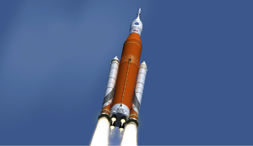 Artist rendering of NASA’s Space Launch System carrying the Orion crew module to space (Credit: NASA)