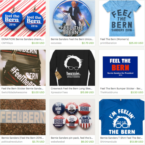 Just a few Feel The Bern items currently for sale on Etsy. (Screengrab: Etsy)