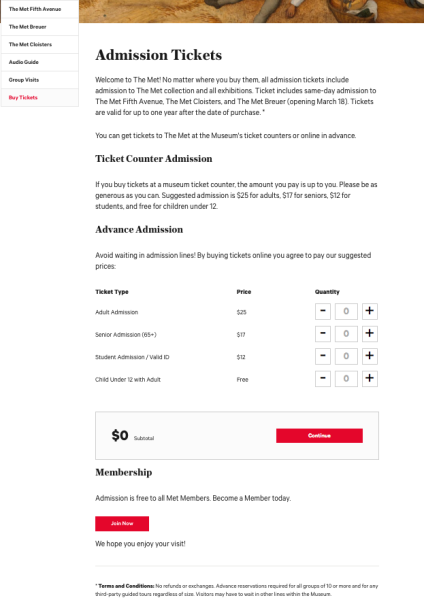 A screenshot of the page to buy tickets via the museum's website.
