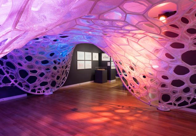 Installation view of the PolyThread knitted textile pavilion, designed by Jenny E. Sabin, commissioned for BeautyCooper Hewitt Design Triennial. Photo by Matt Flynn © 2016 Cooper Hewitt, Smithsonian Design Museum. PolyThread knitted textile pavilion, 201516 Designed by Jenny E. Sabin, Jenny Sabin Studio Design Team: Martin Miller, Charles Cupples Fabricated by Shima Seiki, WHOLEGARMENT Engineering Design by Arup Fabric finishing by Andrew Dahlgren Final finishing, sewing, and assembly by All Sewn Together 3D seamless Whole Garment digitally knit cone elements, photoluminescent, solar active and drake yarns; twill tape; aluminum armature Commissioned by Cooper Hewitt, Smithsonian Design Museum