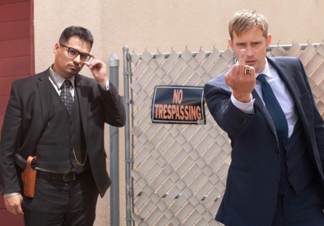 Michael Peña and Alexander Skarsgård in War on Everyone, directed by John Michael McDonagh.