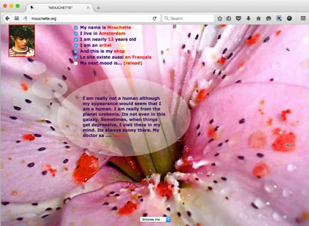Martine Neddam, Mouchette.org, 1996–ongoing. Screenshot documenting the interactive website, viewed in Firefox 43.0.4 for Mac OS X, on February 17, (2016).
