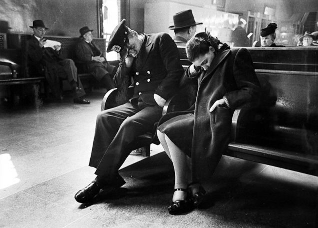 Esther Bubley / Bus Story, Greyhound Bus Terminal, 245 W. 50th St, New York, New York—Sleeping Passengers in the Terminal Waiting Room, 1947.