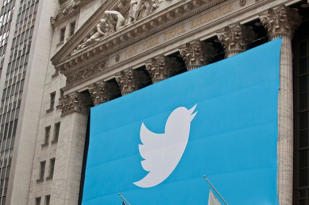 A Twitter banner draped over the New York Stock Exchange to celebrate the company's IPO.