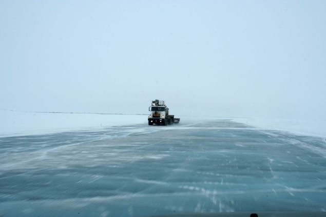 An ice road over the Mackenzie River in the Yukon Territory.