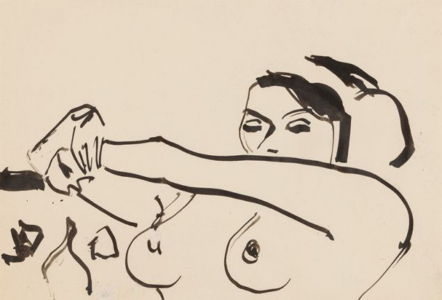 Ernst Ludwig Kirchner, Bust of a Nude Girl with Arms Outstretched 1910.