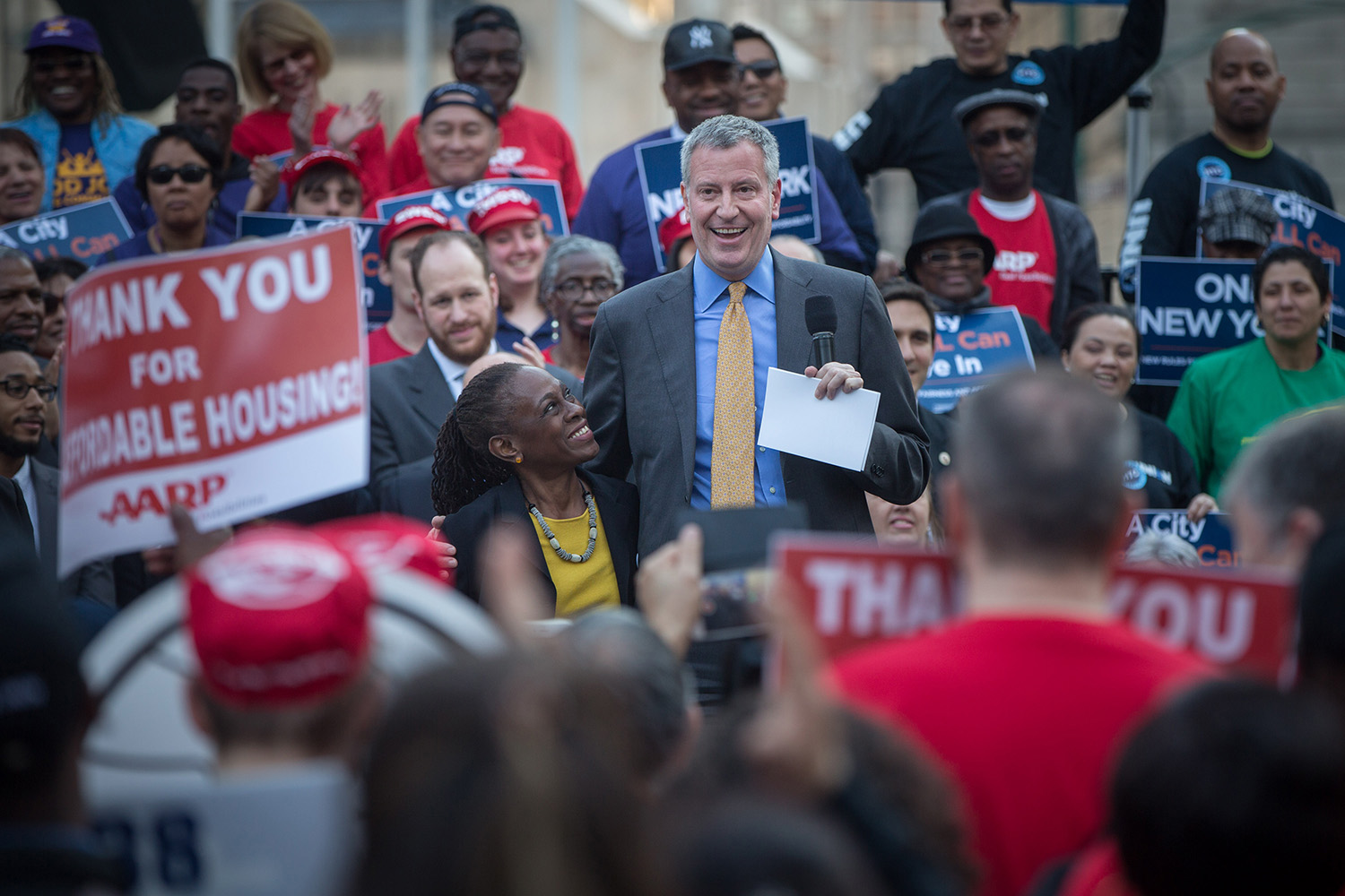 Mayor Bill de Blasio, New York City First Lady Chirlane McCray, United States Secretary of Housing and Urban Development Julián Castro and City Council Speaker Melissa Mark-Viverito lead a rally in Foley Square in Manhattan to celebrate the passage of the housing legislation.