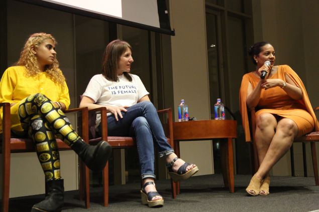 Council Member Julissa Ferreras-Copeland speaking on stage with fellow panelists Kiran Gandhi and Jennifer Weiss-Wolf. (Photo credit: Nicky Smith)