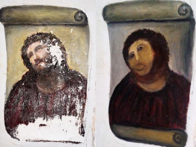 The original Ecce Homo, 1930, by Elías García Martínez on the left, and Cecilia Giménez’s infamous restoration on the right.