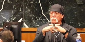 Closeup of Hulk Hogan in the courtroom.