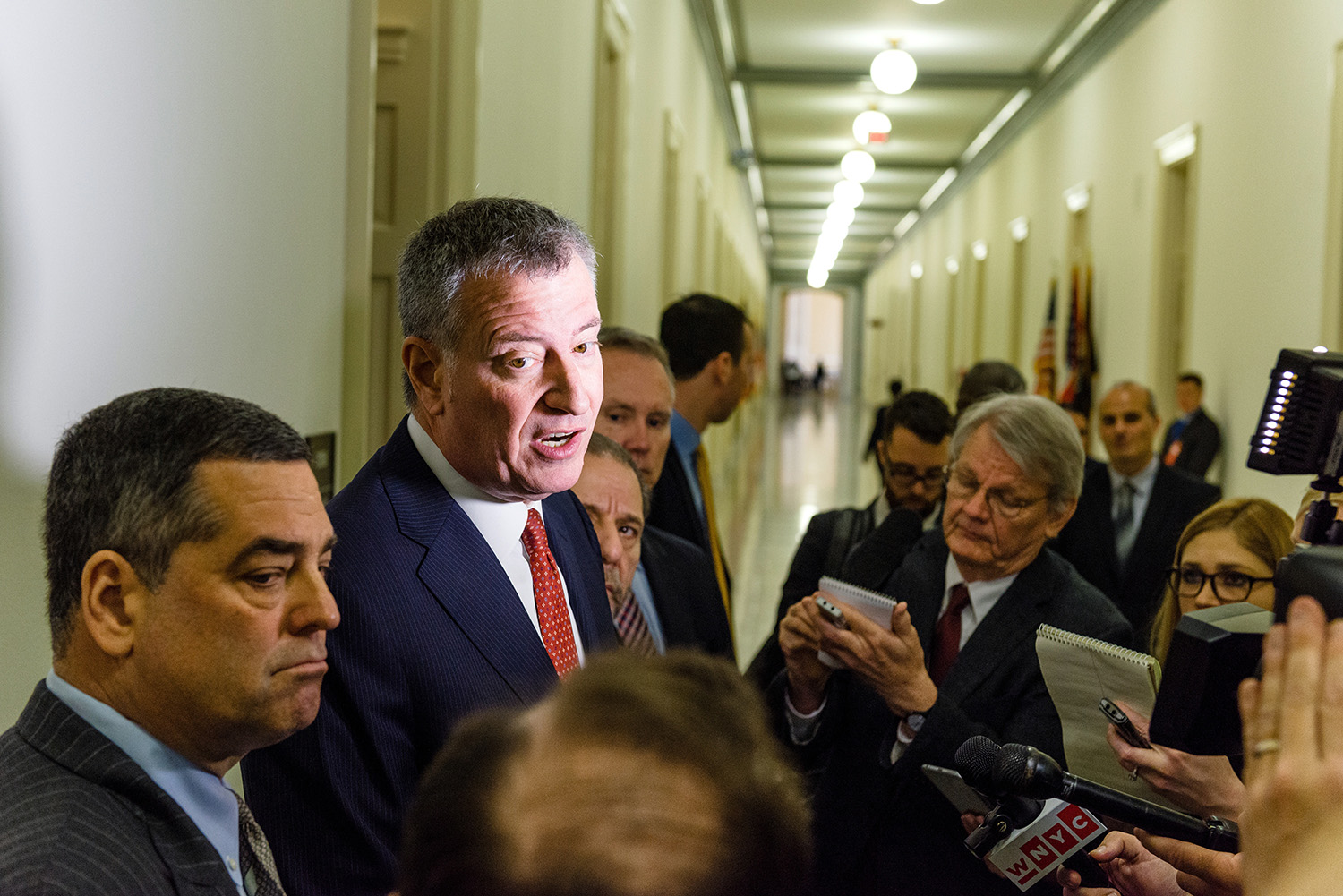 Mayor Bill de Blasio fields questions from the press after calling for the restoration of terrorism budget cuts.