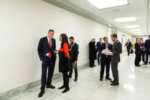 Mayor Bill de Blasio huddles with his former counsel Maya Wiley.