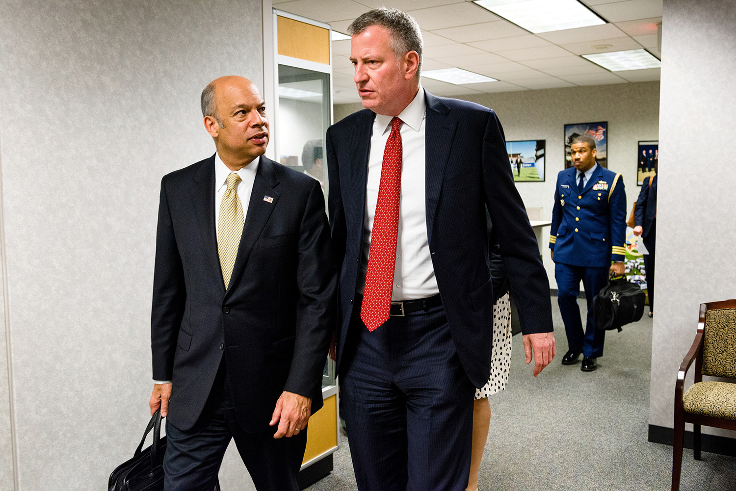 Mayor Bill de Blasio and Homeland Security Secretary Jeh Johnson emerge from a closed-door meeting in Washington.