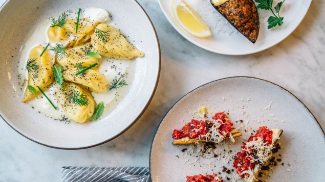 Potato and pecorino dumplings, baked mussels with pepperoni rice and smoked shortrib tartare