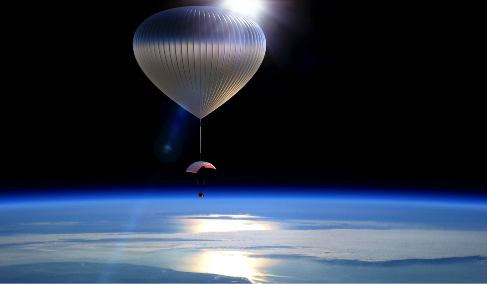 Concept of a passenger capsule being lifted by helium balloons to the edge of space.