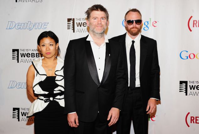 (L-R) Nancy Whang, James Murphy and Pat Mahoney of LCD Soundsystem totally having a blast at this thing.