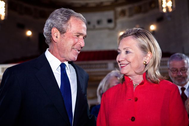 Former President George W. Bush (L) and Secretary of State Hillary Clinton arrive at the Summit to Save Lives on September 13, 2011 in Washington, DC. The event introduced a new initiative to screen women in developing countries for cervical and breast cancer.
