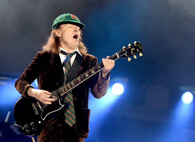 LOS ANGELES, CA - SEPTEMBER 28: Musician Angus Young of AC/DC performs at Dodger Stadium on September 28, 2015 in Los Angeles, California.