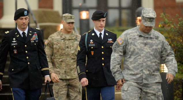 Army Sgt. Bowe Bergdahl (2nd R) of Hailey, Idaho, leaves a military courthouse with his attorney Lt. Col. Franklin Rosenblatt.