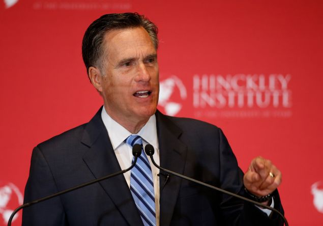 Former Massachusetts Gov. Mitt Romney gives a speech on the state of the Republican party at the Hinckley Institute of Politics on the campus of the University of Utah on March 3, 2016 in Salt Lake City, Utah. Romney spoke about Donald Trump calling him a fraud and arguing against his nomination.
