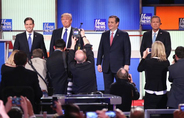 Sen. Marco Rubio (R-FL), Donald Trump, Sen. Ted Cruz (R-TX), and Ohio Gov. John Kasich. (Photo by Scott Olson/Getty Images)