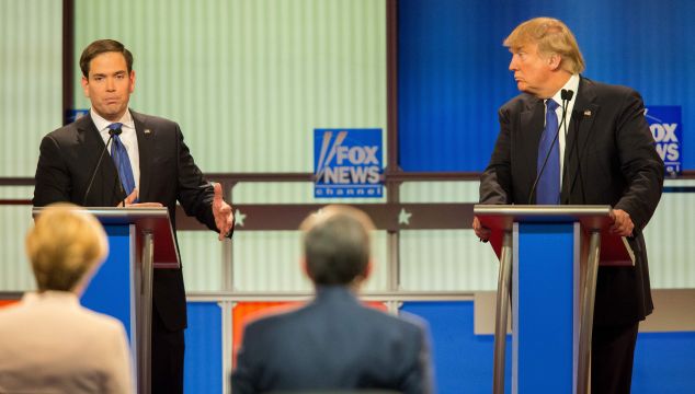 Republican Presidential Candidates Marco Rubio (L) and Donald Trump spar during the Republican Presidential Debate in Detroit, Michigan, March 3, 2016.
