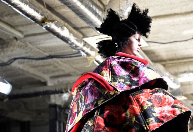 A model presents a creation by Comme Des Garcons during the 2016-2017 fall/winter ready-to-wear collection on March 5, 2016 in Paris. 