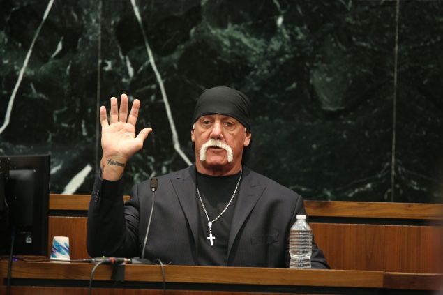 Terry Bollea, aka Hulk Hogan, takes the oath in court during his trial against Gawker Media at the Pinellas County Courthouse on March 8, 2016 in St. Petersburg, Florida.