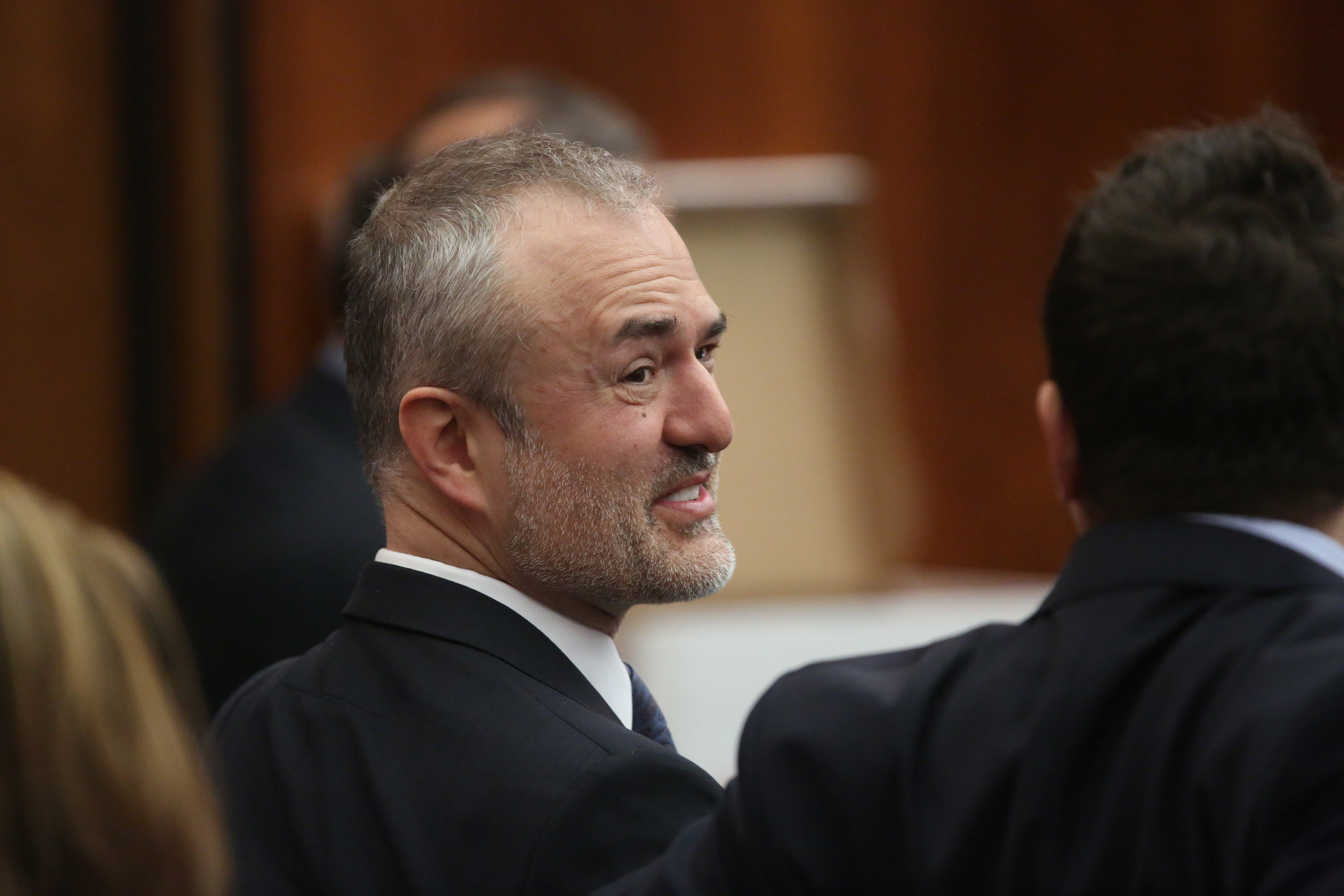 Nick Denton, founder of Gawker, talks with his legal team before Terry Bollea, aka Hulk Hogan, testifies in court during his trial against Gawker Media at the Pinellas County Courthouse on March 8, 2016