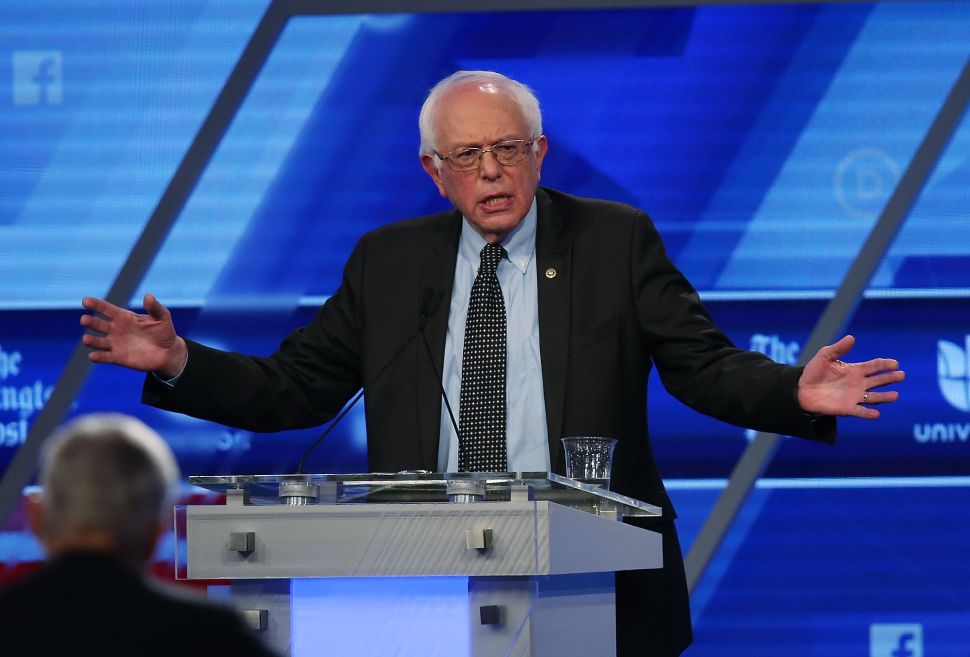Democratic presidential candidate Senator Bernie Sanders (D-VT) wore a brown-and-blue ensemble that drew considerable social media attention during the Univision/Washington Post Presidential Primary Debate on March 9, 2016 in Kendall, Florida.
