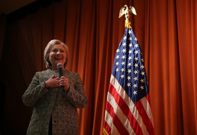 Democratic presidential candidate, former Secretary of State Hillary Clinton speaks to an overflow crowd during a "Get Out the Vote" event at the Sullivan Community Center and Family Aquatic Center on March 10, 2016 in Vernon Hills, Illinois. Clinton is campaigning in Florida, North Carolina and Illinois. 