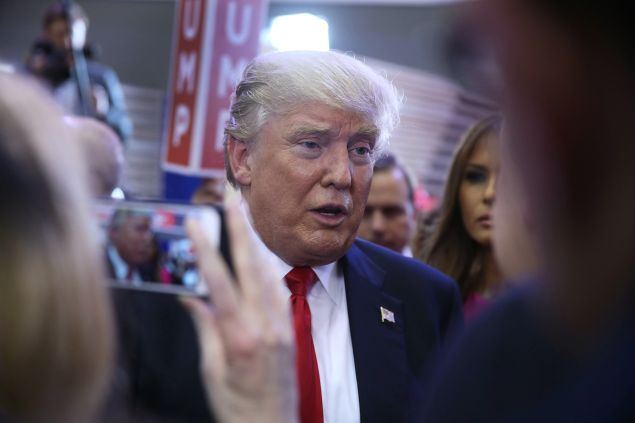 Republican presidential candidate Donald Trump speaks to the media in the spin room after the CNN, Salem Media Group, The Washington Times Republican Presidential Primary Debate on the campus of the University of Miami on March 10, 2016 in Coral Gables, Florida. The candidates continue to campaign before the March 15th Florida primary.