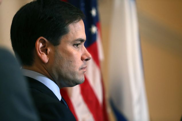 Sen. Marco Rubio (R-FL) waits to speak to the media during a press conference at the Temple Beth El to discuss his commitment to stand with Israel on March 11, 2016 in West Palm Beach, Florida. Presidenital candidates continue to campaign for votes leading up to the March 15th Florida primary.