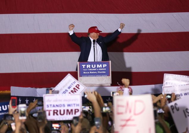 BOCA RATON, FL - MARCH 13: Republican presidential candidate Donald Trump speaks during his campaign rally at the Sunset Cove Amphitheater on March 13, 2016 in Boca Raton, Florida. Mr. Trump continues to campaign before the March 15th Florida primary. (Photo by Joe Raedle/Getty Images)