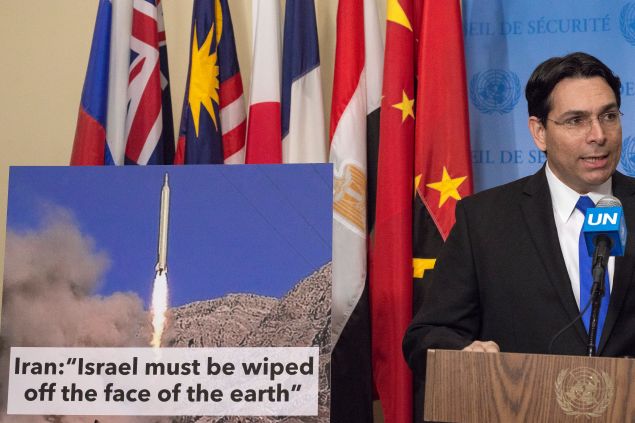Ambassador Danon speaks to the press. Before the start of United Nations Security Council consultations regarding the recent launch of two missiles by Iran, Israeli UN Permanent Representative Danny Danon spoke with the UN press corps, demanding that the Council take punitive action against Iran.