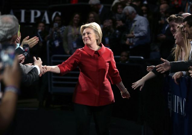 Democratic presidential candidate Hillary Clinton greets attendees piror to her address to the annual policy conference of the American Israel Public Affairs Committee (AIPAC) March 21, 2016 in Washington, DC. Presidential candidates from both parties gather in Washington to pitch their plans for Israel. 