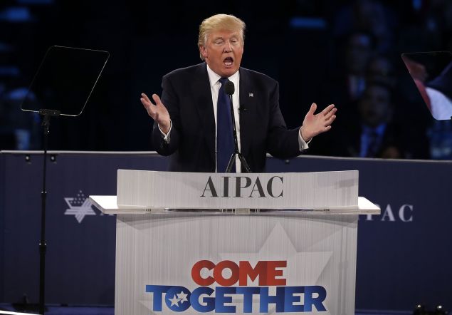 Republican presidential candidate Donald Trump addresses the annual policy conference of the American Israel Public Affairs Committee (AIPAC) March 21, 2016 in Washington, DC. Presidential candidates from both parties gathered in Washington to pitch their views on Israel. 