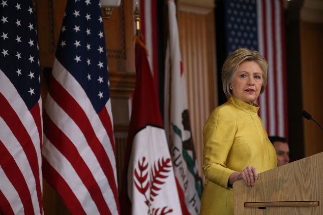 Democratic presidential candidate former Secretary of State Hillary Clinton delivers a counterterrorism address at Stanford University on March 23, 2016 in Stanford, California. A day after terror attacks left dozens people dead in Brussels, Hillary Clinton delivered a counter terrorism speech.