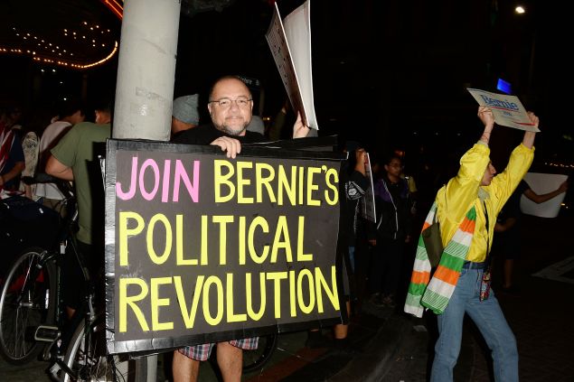 Supporters of Democratic presidential candidate Sen. Bernie Sanders gather before his rally at The Wiltern Theatre on March 23, 2016 in Los Angeles, California.