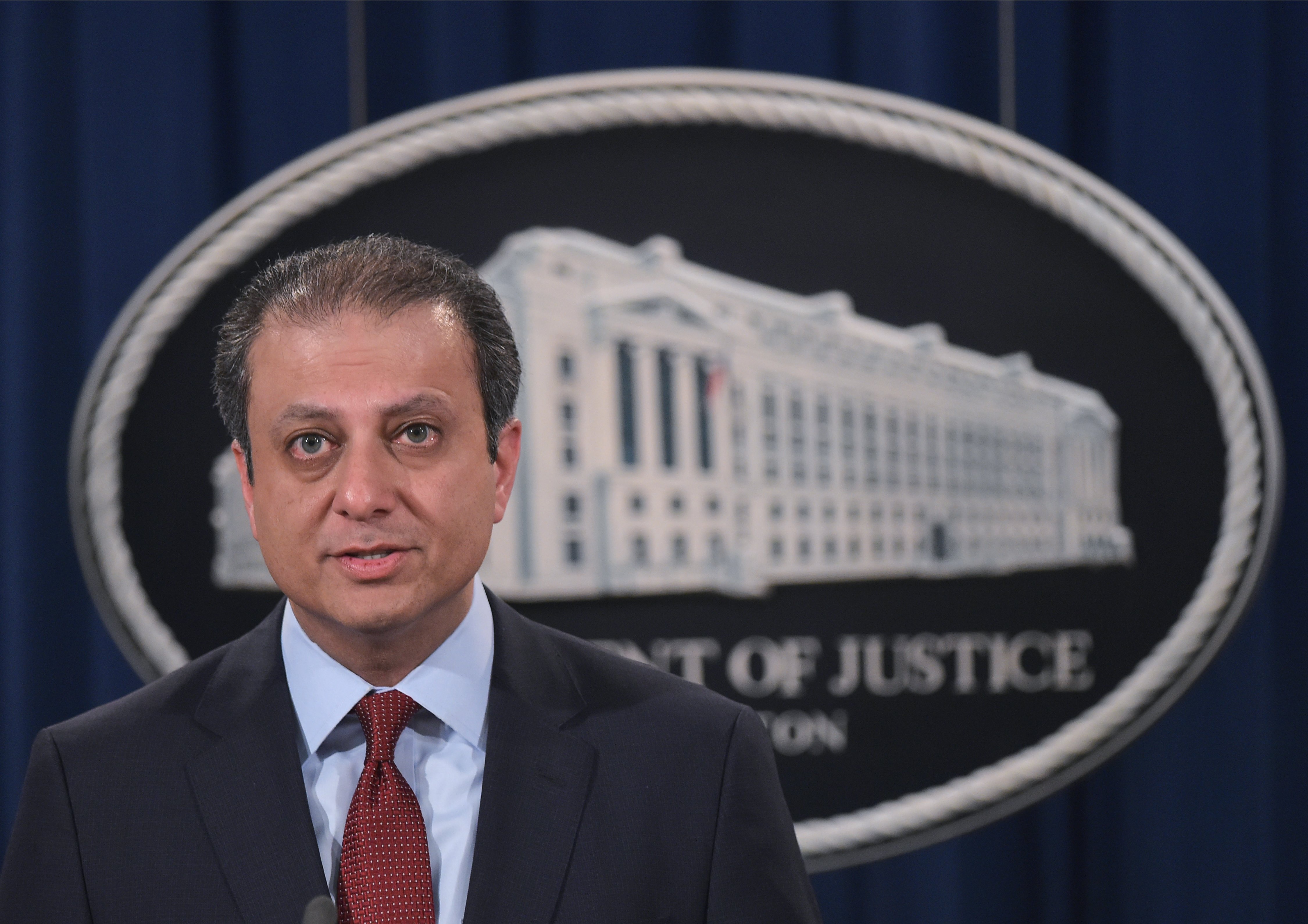 US Attorney of the Southern District of New York Preet Bharara speaks during a press conference today.