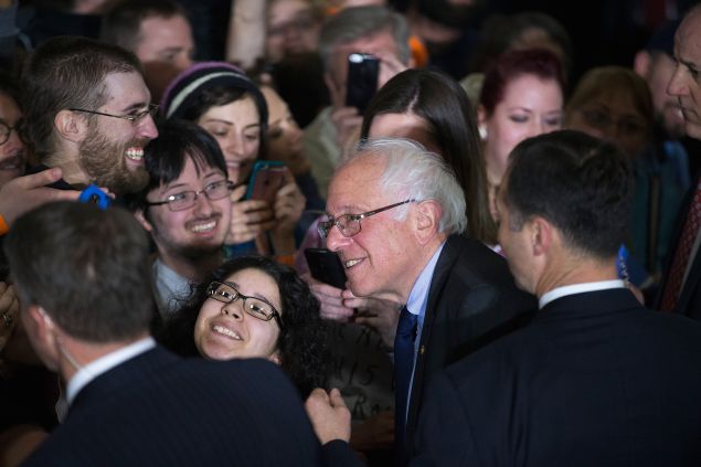 Democratic presidential candidate Senator Bernie Sanders greets supporters before speaking at a campaign rally at the Alliant Energy Center on March 26, 2016 in Madison, Wisconsin. Voters in Wisconsin go to the polls April 5th for the state's primary.