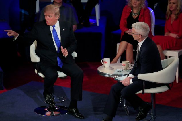Republican Presidential candidate Donald Trump takes part in a town hall event moderated by Anderson Cooper March 29, 2016 in Milwaukee, Wisconsin. Candidates are campaigning in Wisconsin ahead of the state's April 5th primary.