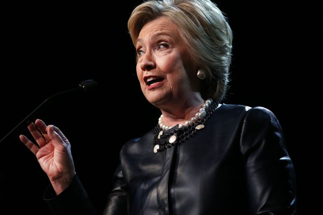 Democratic presidential candidate Hillary Clinton speaks on stage in Harlem at the Apollo Theater on March 30, 2016 in New York City. In a new ad released Wednesday by Clinton, she takes on Republican front-runner Donald Trump. New York will hold its primaries on April 19.