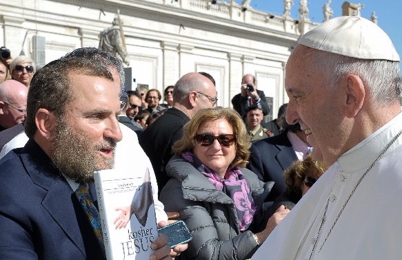 The author, Rabbi Shmuley Boteach, presents Pope Francis with a copy of his book 'Kosher Jesus' at the Vatican earlier this week.