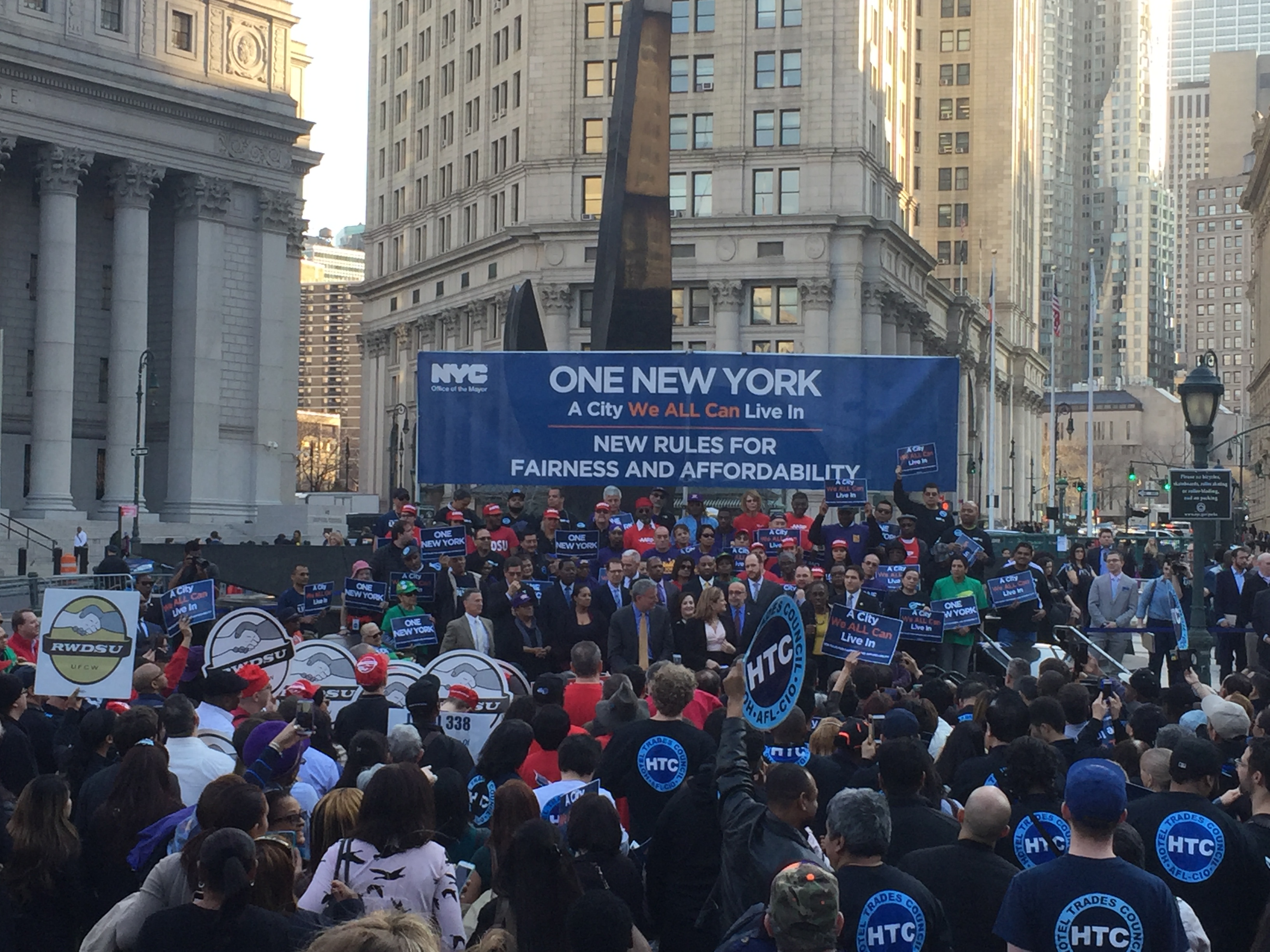 A rally for Mayor Bill de Blasio's affordable housing plan today.