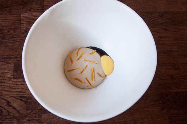 Salted molasses custard with clementine curd and sesame sponge cake